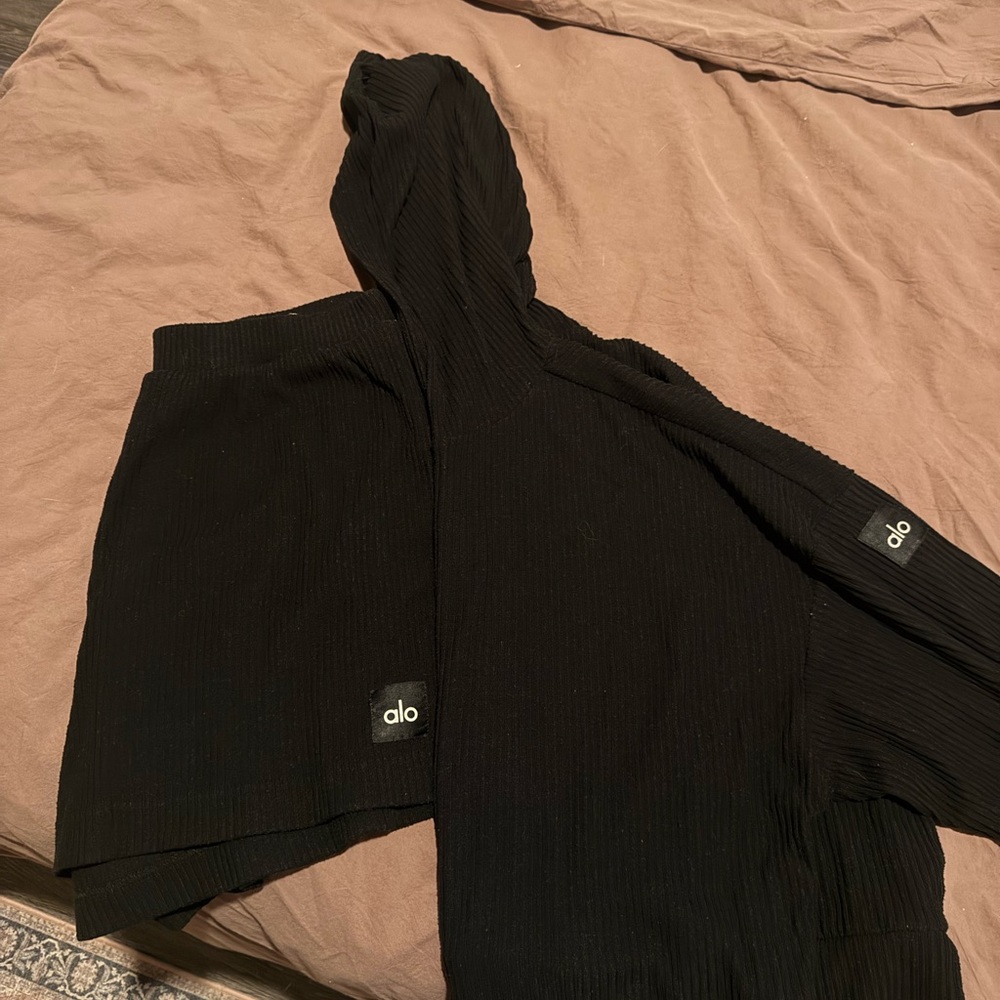 Alo Black Hooded Sweater and Shorts set